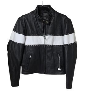 Unik Black and White Studded Motorcycle Leather Jacket Womens Size Medium NEW